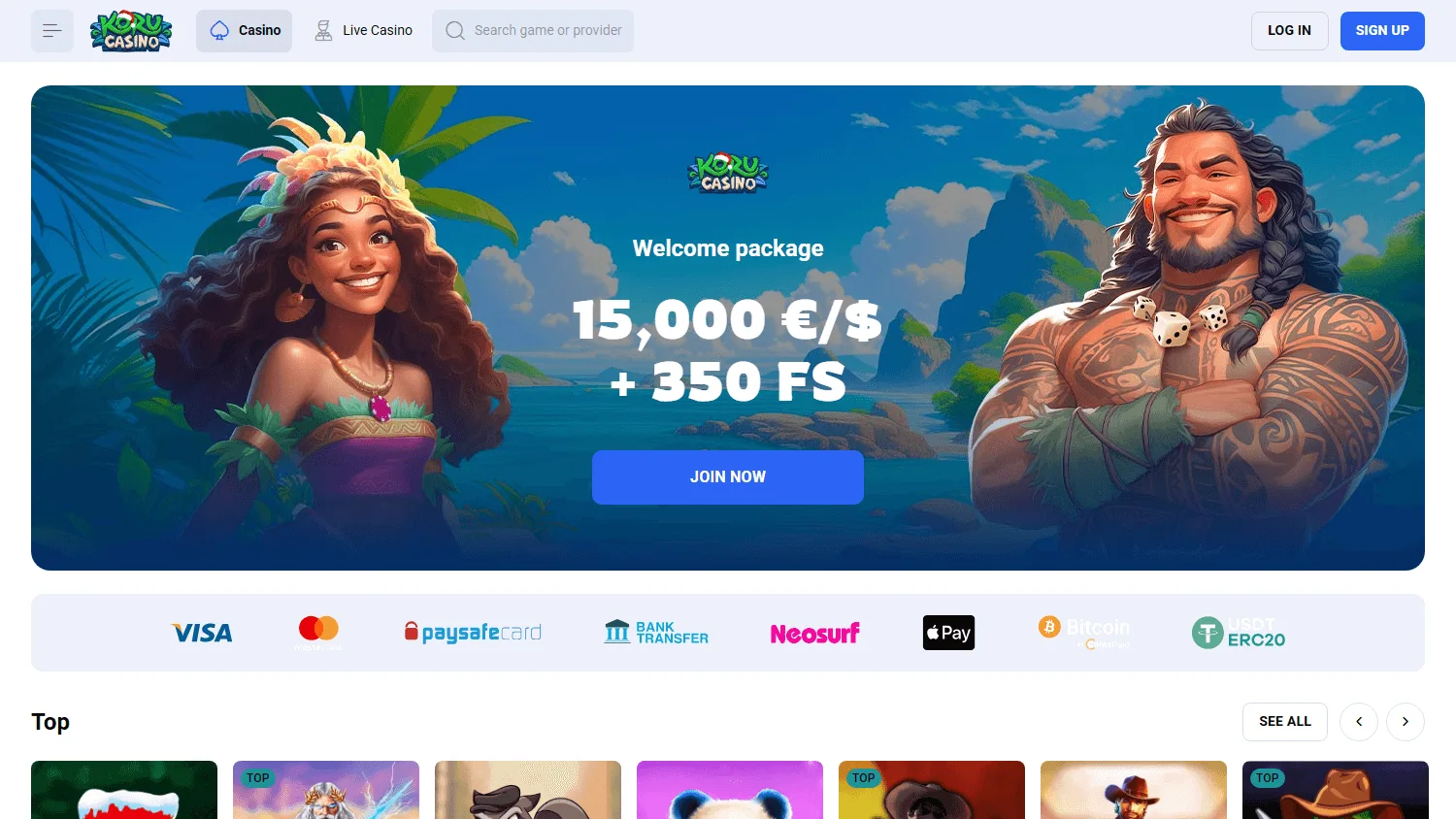 Koru Casino home page on desktop