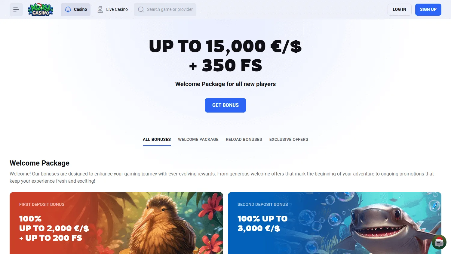 Koru Casino promotions page on desktop